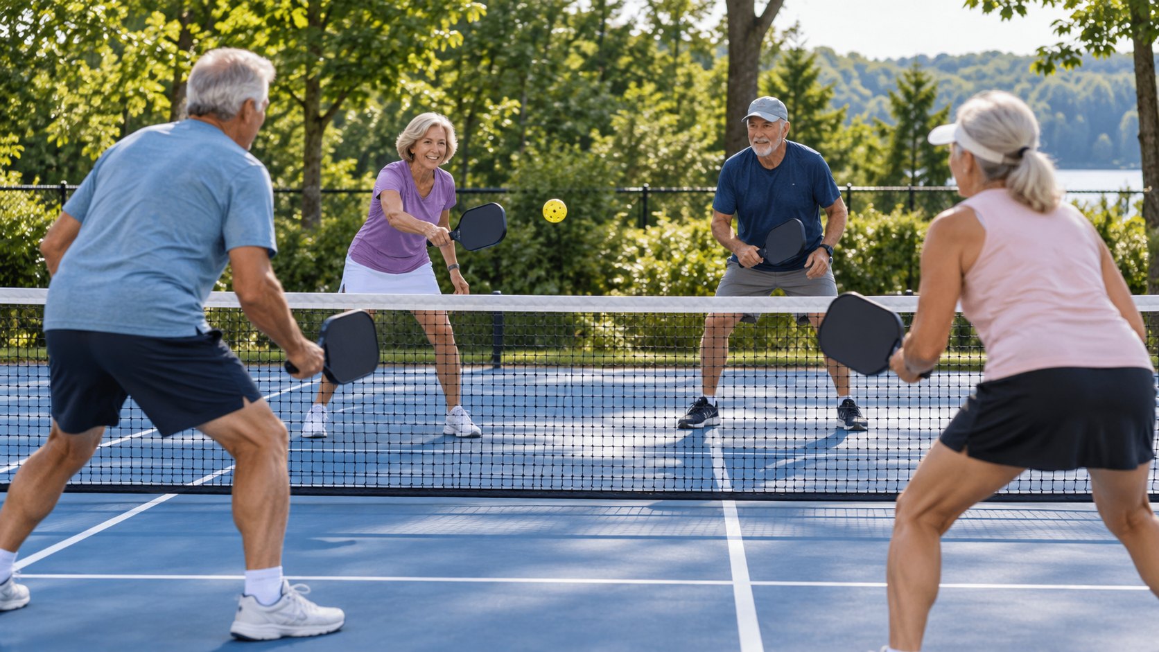 Ilustracyjna scena seniorów grających rekreacyjnie w pickleball na odkrytym korcie